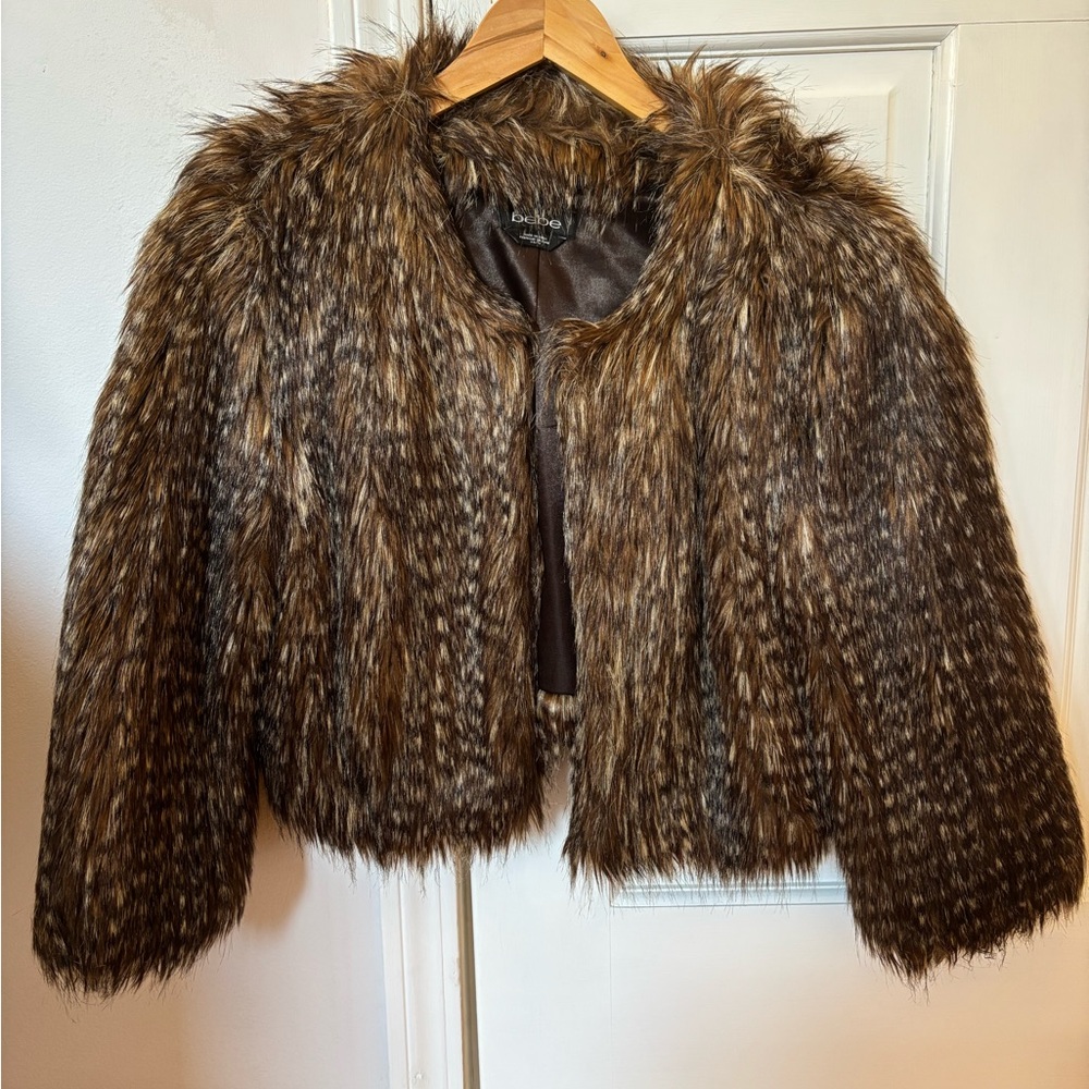Women’s Bebe Stylish Faux Fur Cropped Jacket in Brown and Black